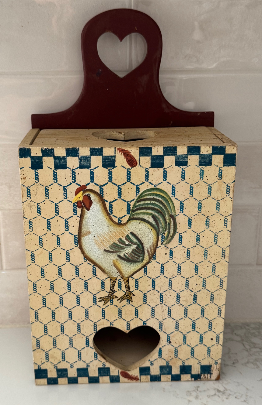 Vintage Wood Rooster Bag Holder Country Kitchen Decor Heart Farmhouse Primitive